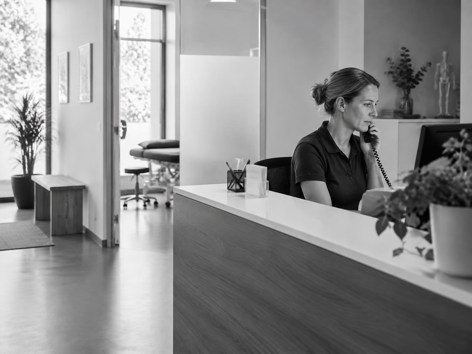 Rezeption einer Therapiepraxis mit telefonischem Empfang